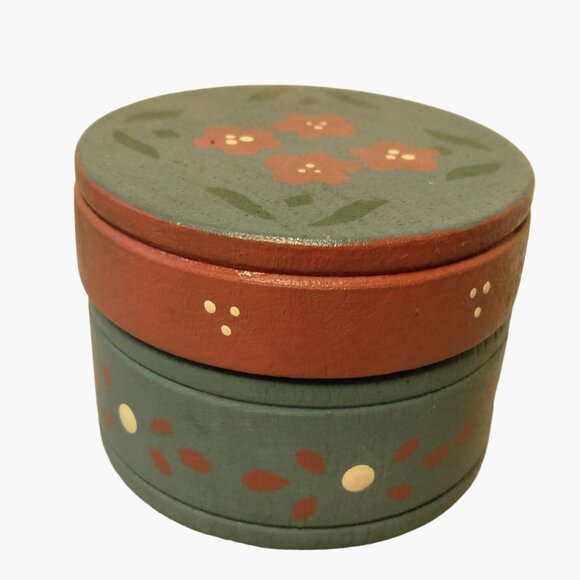Floral Wooden Trinket Box Blue Hand Painted Tole Pennsylvania Dutch - Picture 1 of 8